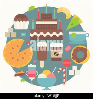 Collection of Sweets in Flat Style. Sweets, Cupcake, Donut, Ice Cream, Croissant, Big Cake, Coffee on Blue Circle  Background. Vector Illustration. Re Stock Vector