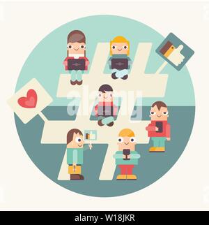 Hashtag Concept -  Funny People Using Laptop and Smartphone for Sending Posts in Network near Big Symbol Hashtag. Cartoon Characters. Vector Illustrat Stock Vector