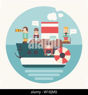 Concept of Teamwork and Business Startup. Cartoon Small People Sailing by Ship. Cohesive Teamwork in Startup. Vector Illustration for Web Page, Banner Stock Vector