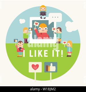 Social Media Concept Banner with Text I Like It. Funny People Using Smartphone and Laptop for Follow the Trend and Social Networking. Vector Illustrat Stock Vector