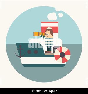 Funny Cartoon Sailor on Boat looking at Sea through Telescope or Spyglass. Seaman on Steamboat. Vector Illustration in Retro Design. Stock Vector