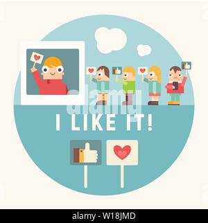 Social Media Concept Banner with Text I Like It. Funny People Using Smartphone for Follow the Trend and Social Networking. Vector Illustration. Cartoo Stock Vector