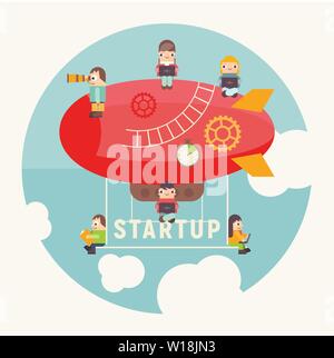 Concept of Business Startup. Funny Cartoon People Fly on Airship. Cohesive Teamwork in the Startup. Vector Illustration for Web Page, Banner, Social Stock Vector