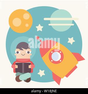 Cartoon Boy Reading and Imagine Himself in Space Outer.  Vector Illustration. Concept - Knowledge, Space, Wisdom. Retro Design. Stock Vector