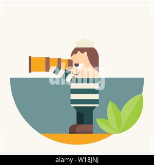 Funny Cartoon Sailor on the Beach looking at Sea through Telescope or Spyglass. Seaman on Uninhabited Island. Vector Illustration in Retro Design. Stock Vector