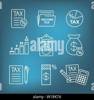 Tax concept w percentage paid, icon and income idea. Flat vector outline illustration. Stock Vector