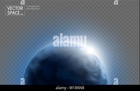 Vector blue planet Earth with sunrise in space isolated on transparent background. Blue globe illustration. Sciense astronomy design element. Stock Vector