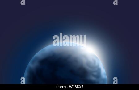 Vector planet Earth with sunrise in dark space. Blue globe background illustration. Sciense astronomy wallpaper. Stock Vector
