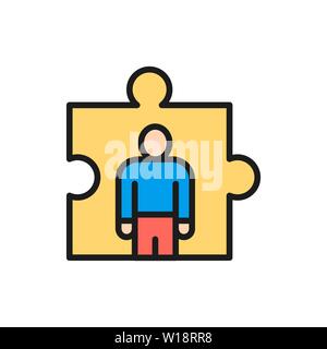 Vector man in a puzzle, recruitment and hiring flat color line icon. Stock Vector