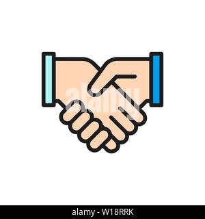 Vector handshake, partnership, teamwork and friendship flat color line icon. Stock Vector