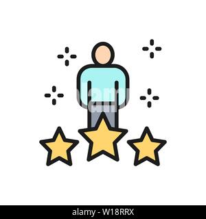 Vector human with big stars, worker rating, feedback flat color line icon. Stock Vector