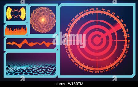 Military green radar. Wireframe landscape . Screen with target. Futuristic HUD interface. Stock vector illustration. Glowing Sphere Stock Vector