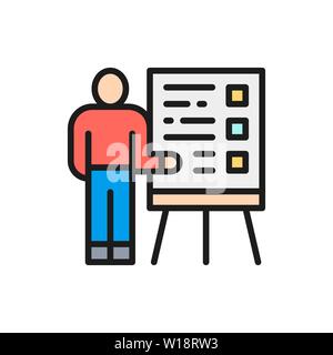 Vector man with presentation, teacher, seminar flat color line icon. Stock Vector