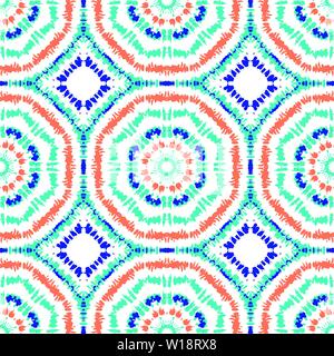 Bright Aqua, Orange and Blue Tie-Dye Shibori Sunburst Kaleidoscope Mirrored Hexagon Mandala Tiles on White Background Vector Seamless Pattern. Perfect Stock Vector