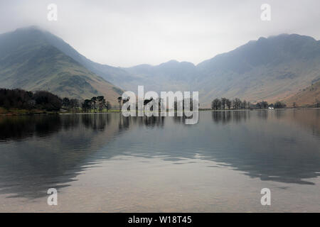 Mist view over Buttermere, Lake District National Park, Cumbria, England, UK Stock Photo