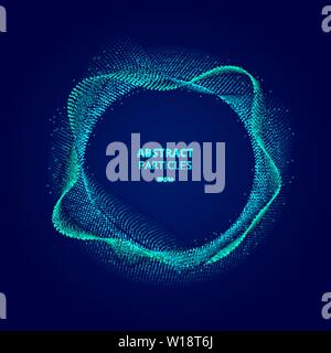 Abstract illuminated blue circle shape of particles array on dark background Technology concept. Digital explosion. Futuristic vector illustration Stock Vector