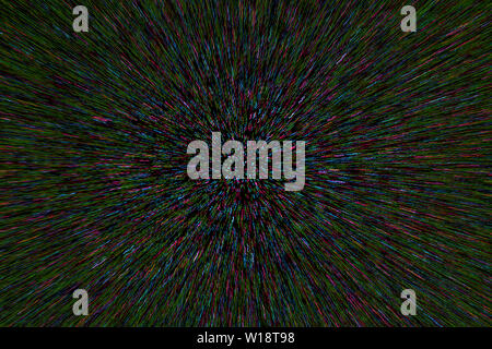 natural lens zoom explosion radial blurred cyan green purple dots on black background. Stock Photo