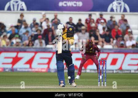 Chester le Street, UK. 1st July 2019.   Sri Lanka's Kusal Perera drives into the offside during the ICC Cricket World Cup 2019 match between Sri Lanka and West Indies at Emirates Riverside, Chester le Street on Monday 1st July 2019. Stock Photo