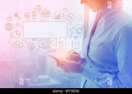 Corporate businesswoman using business and finance apps on her mobile device, user interface flowchart with marketing icons Stock Photo