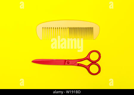 Flat lay composition with professional hairdresser tools on color background Stock Photo