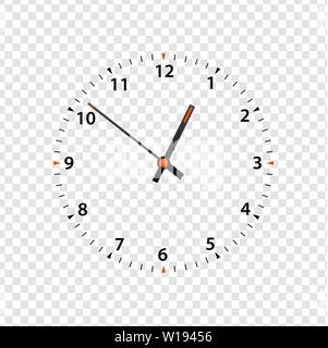 Vector clock face isolated on transparent background. Clock icon design template closeup. Time scale with numbers and clock hands Stock Vector