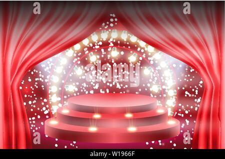 Colorful illuminated podium for awards and performances illuminated by bright spotlights. Vector illustration Stock Vector