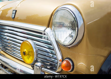 Novi Sad, Serbia, May 19, 2019: Detail of a left front light of an classic racing Mini Cooper detail Stock Photo