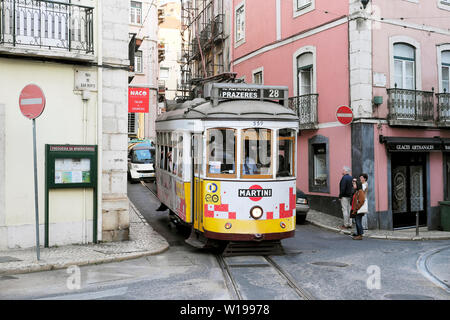 Front of 28 tram to Prazeres on Rua de Sao Bento street in Bairro Alto district of Lisbon Portugal Europe EU  KATHY DEWITT Stock Photo