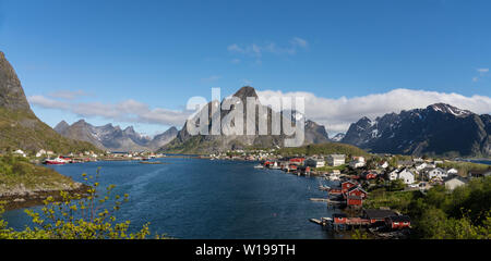 Village of Reine and Reine Fjord,  Lofoten Islands, Norway viewed from above on a bright spring day Stock Photo