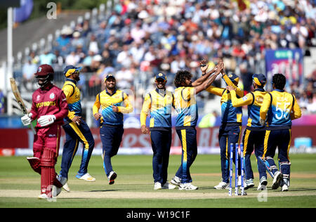 Sri Lanka players celebrate the dismissal of West Indies' Shai Hope (left) during the ICC Cricket World Cup group stage match at The Riverside Durham, Chester-le-Street. Stock Photo