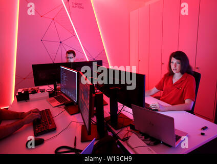 Essen, Germany. 01st July, 2019. In the 'Red Room', Innogy employees practice cyber attacks on the power grid during a simulation. The energy company Innogy presents its training center for the defense against cyber attacks on power grids. Credit: Roland Weihrauch/dpa/Alamy Live News Stock Photo