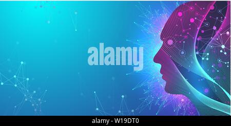 Artificial intelligence in humanoid head with neural network thinks. Artificial Intelligence and Machine Learning Concept. Humanoid brain. Neural Stock Vector