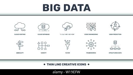 Big Data set icons collection. Includes simple elements such as Cloud Hosting, Cloud Database, Cloud Management, Code Engineering, User Prediction Stock Vector