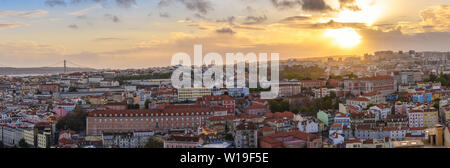 Lisbon Portugal aerial view sunset panorama city skyline at Lisbon Baixa district Stock Photo