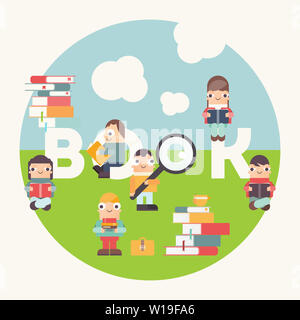 Poster for Bookstore and Book Festival Advertising. Small Funny Characters Cartoon Men and Girls Reading Books. Vector Illustration for Literature Eve Stock Photo