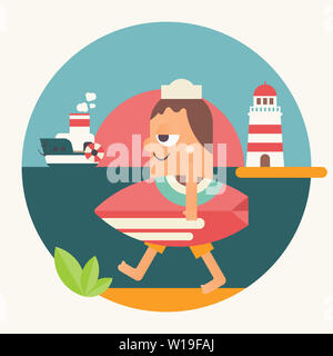 Surfing Poster. Funny Cartoon Surfer with Surfboard Walking along Beach. Vector Illustration. Retro Design. Emblem for Surfing Club, Website or Online Stock Photo