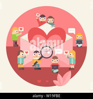Online Dating Concept. Cute Cartoon People Send Love Email Messages via