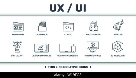 Design Ui And Ux set icons collection. Includes simple elements such as Wireframe, Portfolio, Coding, Photography, Painting, Design Software and Stock Vector