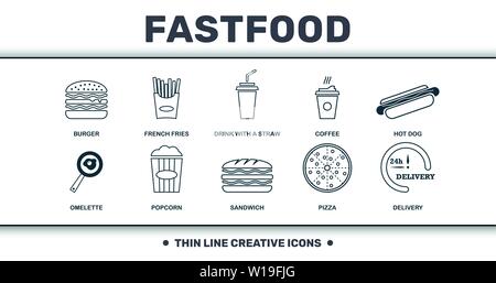 Fastfood icons thin line set collection. Includes creative elements such as Burger, French Fries, Drink With A Straw, Coffee, Hot Dog, Pizza and Stock Vector