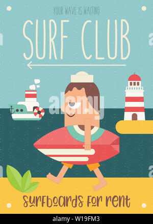 Surfing Poster. Funny Cartoon Surfer with Surfboard Walking along Beach. Vector Illustration. Retro Design. Placard for Surfing Club, Website or Onlin Stock Photo