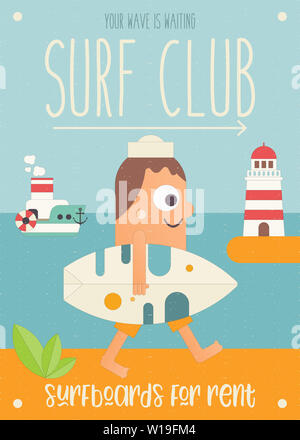 Surfing Poster. Cartoon Surfer with Surfboard Walking along Beach. Lighthouse and Steamship. Vector Illustration. Retro Design. Placard for Surfing Cl Stock Photo