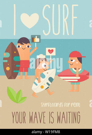 I Love Surfing Concept Poster. Funny Cartoon Surfers with Surfboard on Beach. Vector Illustration. Retro Design. Placard for Surfing Club, Website or Stock Photo