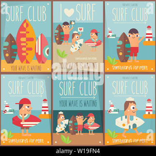 Surfing Posters Set. Funny Cartoon Surfer with Surfboard Walking along Beach. Vector Illustration. Retro Design. Placard for Surfing Club, Website or Stock Photo