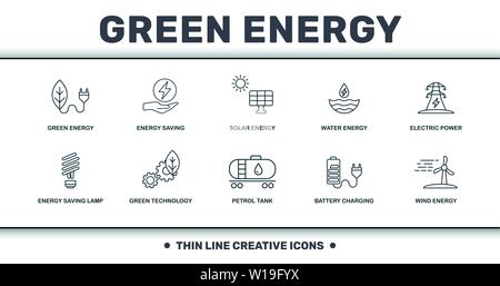 Power And Energy icons thin line set collection. Includes creative elements such as Energy, Energy Saving, Solar Energy, Water Energy, Green Stock Vector