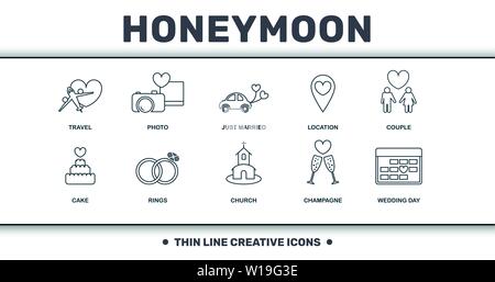 Honeymoon icons thin line set collection. Includes creative elements such as Travel, Photo, Just Married, Location, Couple, Euphile Tower and Church Stock Vector