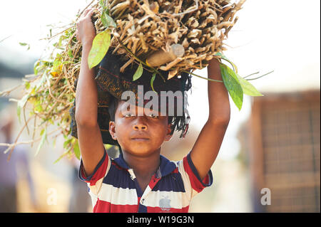 Child carrying firewood in Rohingya Refugee Camp Kutupalong, Bangladesh Stock Photo