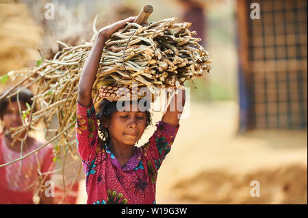 Child carrying firewood in Rohingya Refugee Camp Kutupalong, Bangladesh Stock Photo