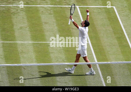 London, UK. 1st July, 2019. Novak Djokovic of Serbia celebrates after the men's singles first round match with Philipp Kohlschreiber of Germany at the 2019 Wimbledon Tennis Championships in London, UK, on July 1, 2019. Credit: Han Yan/Xinhua/Alamy Live News Stock Photo