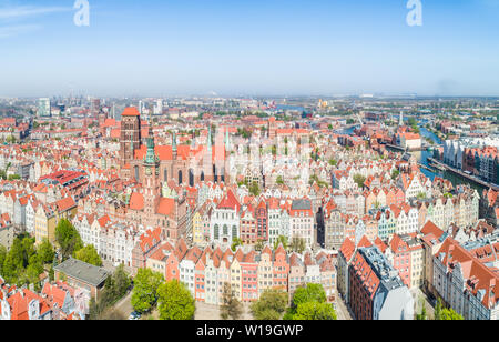 Tourist landscape of the city of Gdansk. Panorama of the city from a bird's eye view. A tourist part of the city of Gdansk seen from the air. Stock Photo