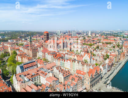 A panorama of the tourist part of Gdańsk. Gdansk port city seen from a bird's eye view. A tourist part of the city of Gdansk seen from the air. Stock Photo